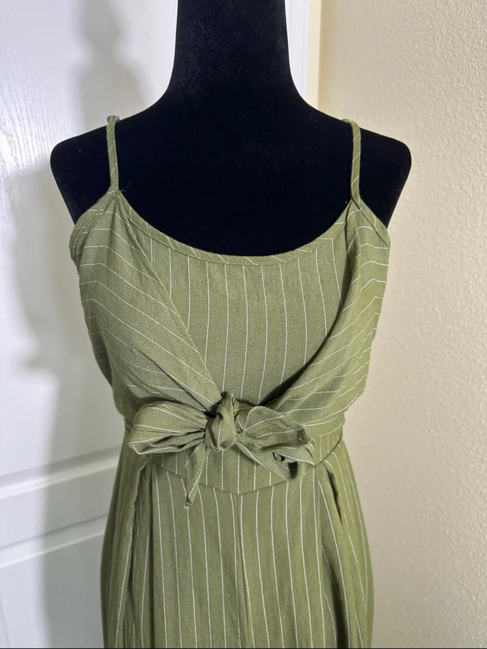 Fly Tomato Olive Green striped Tie-Front Wide-Leg Jumpsuit. Size X-Small - Picture 8 of 10